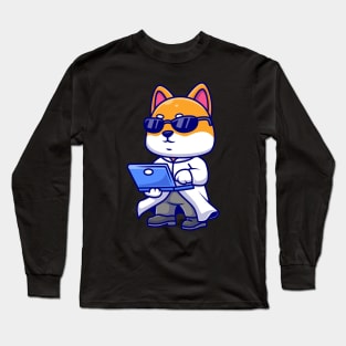 Cute Shiba Inu Dog Proffesor With Laptop Cartoon Long Sleeve T-Shirt